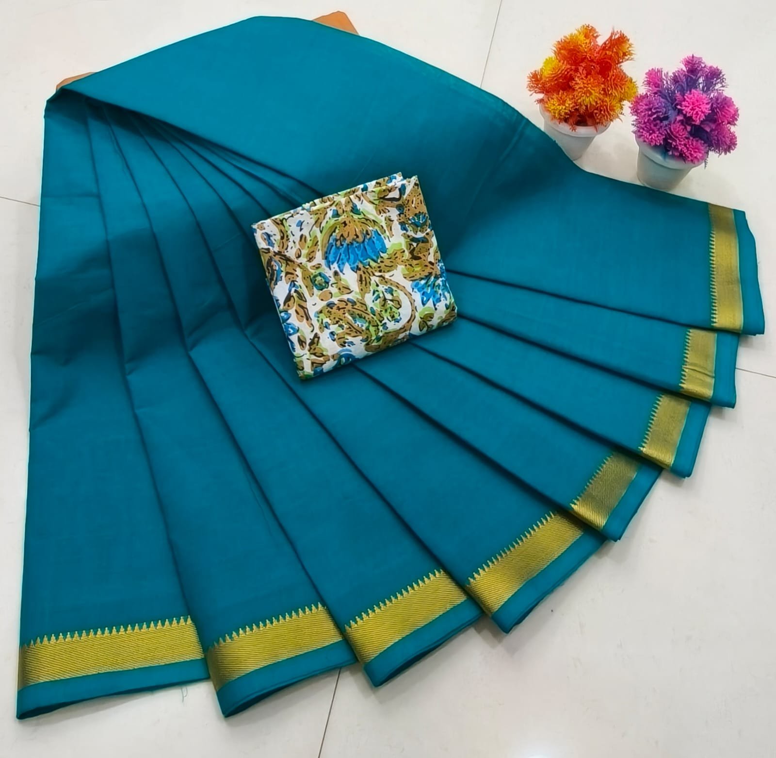 Chettinad Royal Heritage: Pure Cotton Plain Saree with Signature Kalamkari Blouse