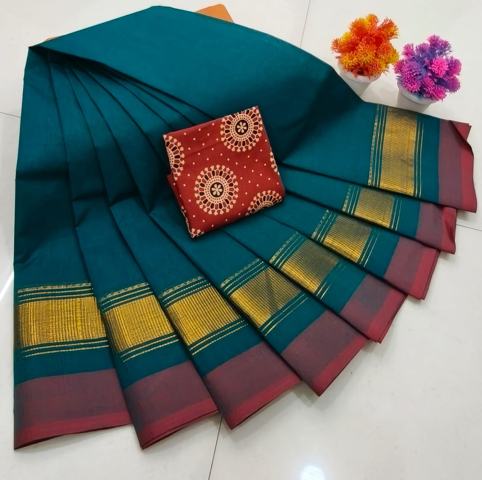 Chettinad Royal Heritage: Pure Cotton Plain Saree with Signature Kalamkari Blouse