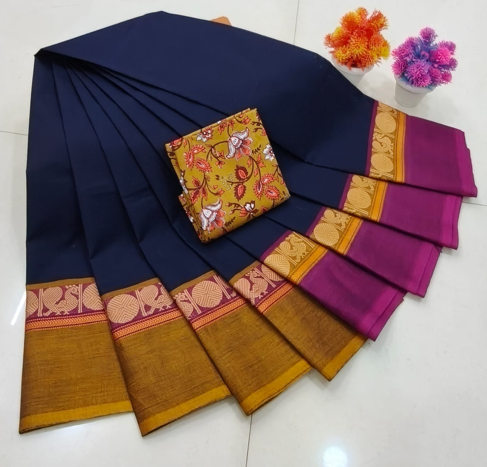 Chettinad Royal Heritage: Pure Cotton Plain Saree with Signature Kalamkari Blouse