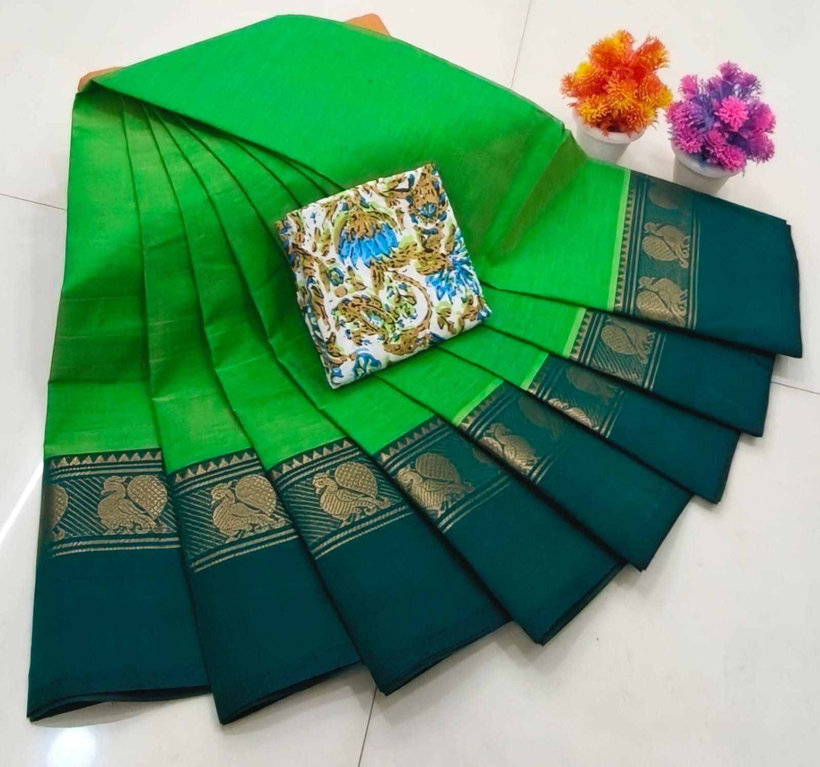 Chettinad Royal Heritage: Pure Cotton Plain Saree with Signature Kalamkari Blouse