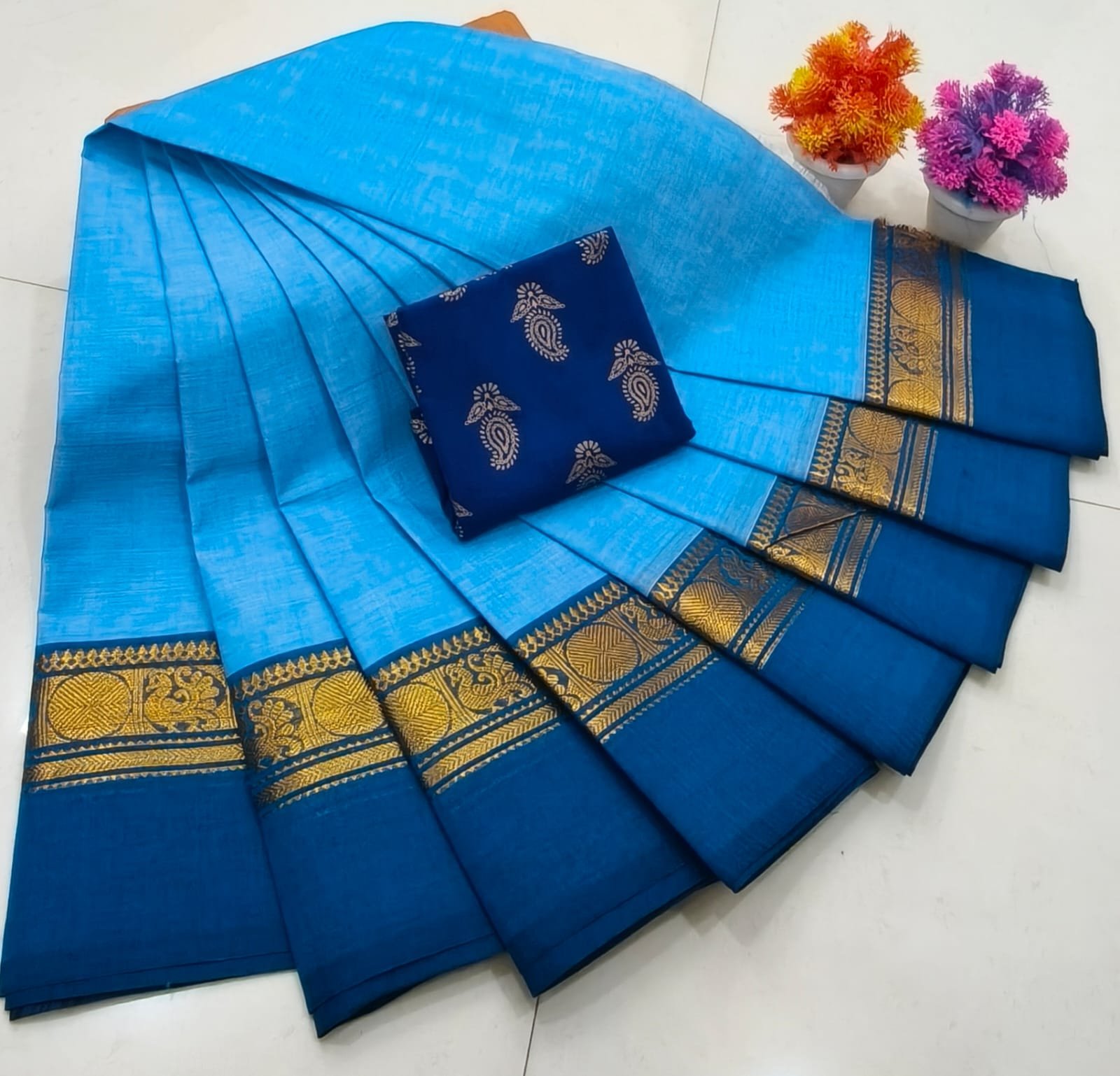 Chettinad Royal Heritage: Pure Cotton Plain Saree with Signature Kalamkari Blouse
