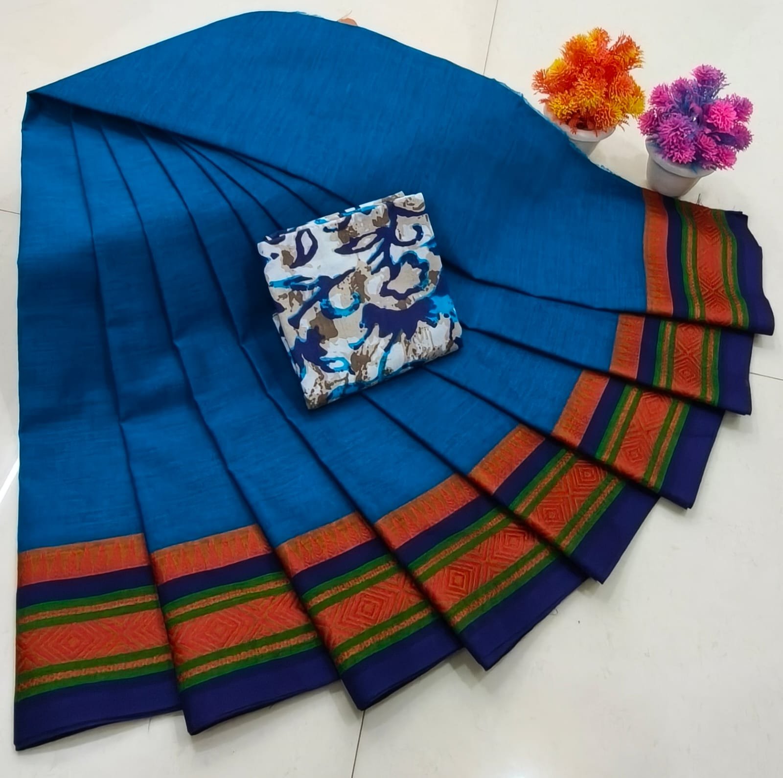 Chettinad Royal Heritage: Pure Cotton Plain Saree with Signature Kalamkari Blouse