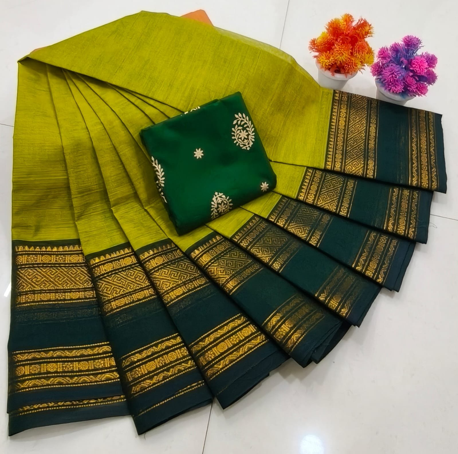 Chettinad Royal Heritage: Pure Cotton Plain Saree with Signature Kalamkari Blouse