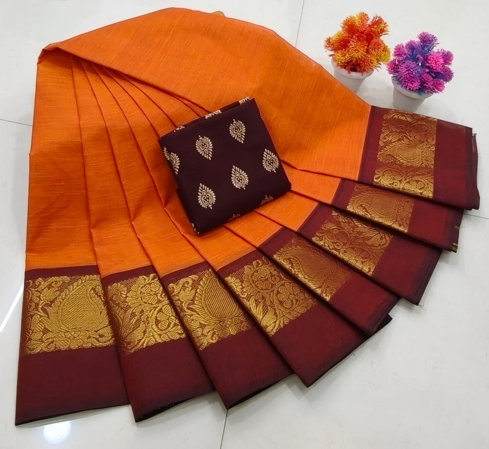 Chettinad Royal Heritage: Pure Cotton Plain Saree with Signature Kalamkari Blouse