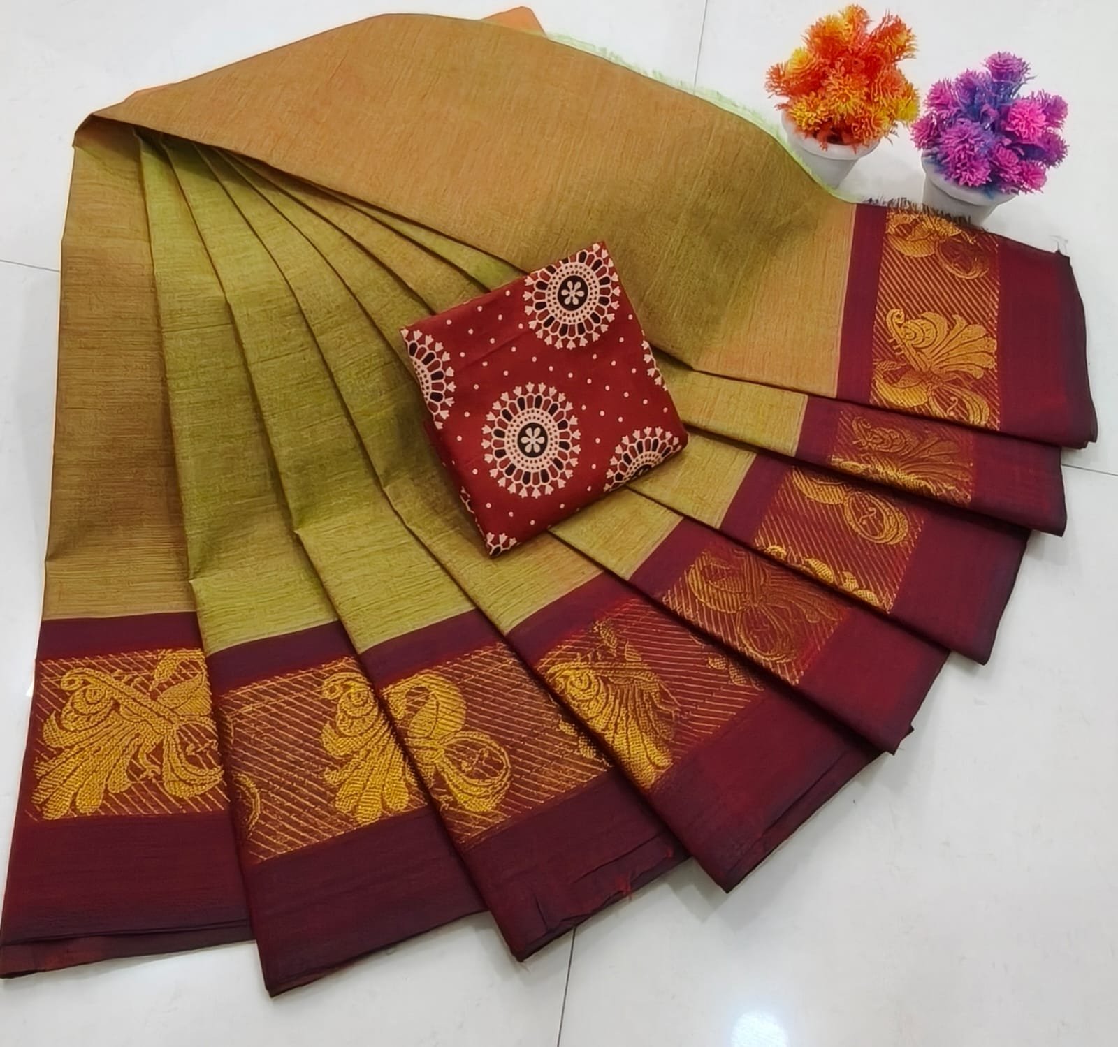 Chettinad Royal Heritage: Pure Cotton Plain Saree with Signature Kalamkari Blouse