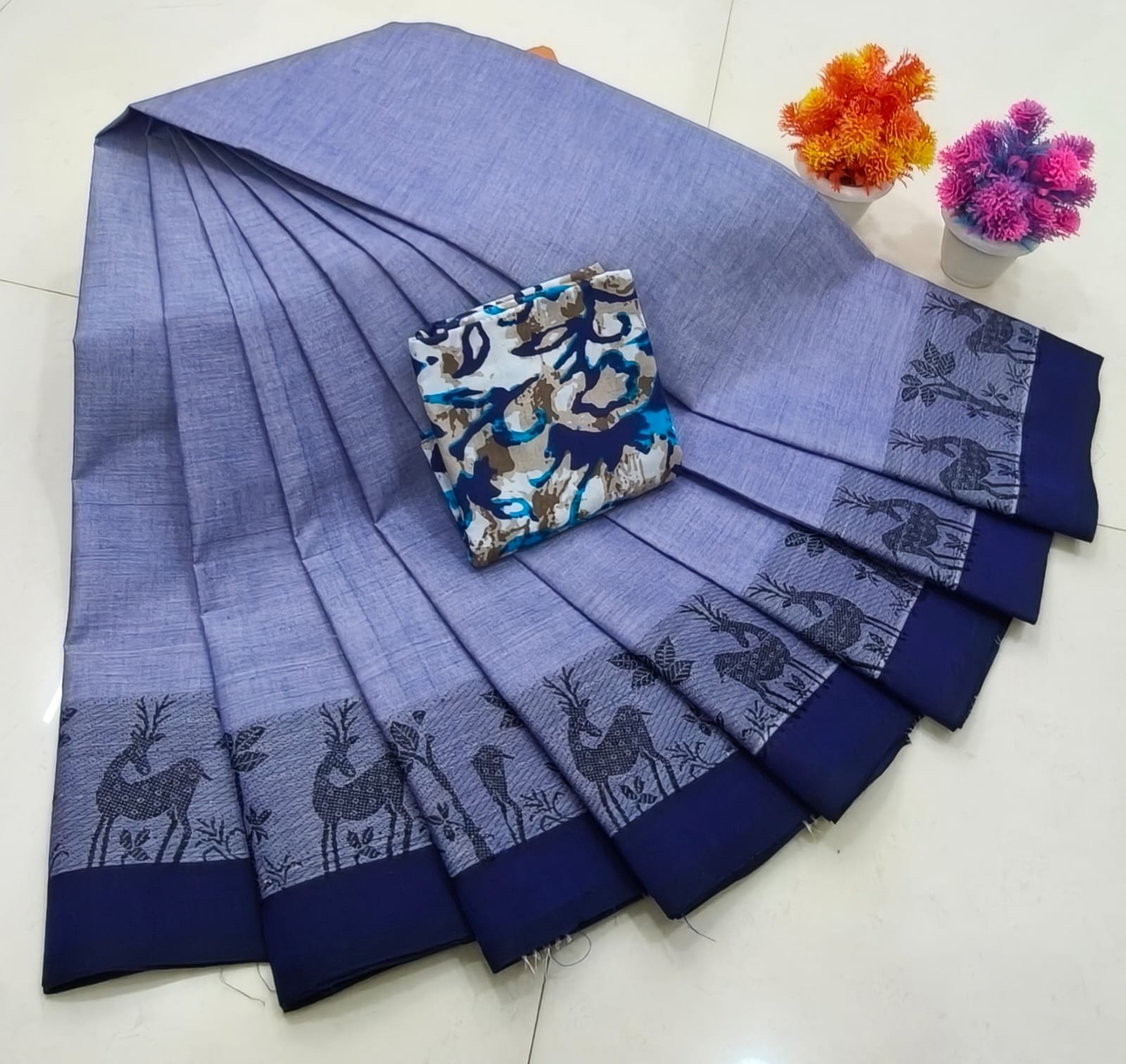 Chettinad Royal Heritage: Pure Cotton Plain Saree with Signature Kalamkari Blouse