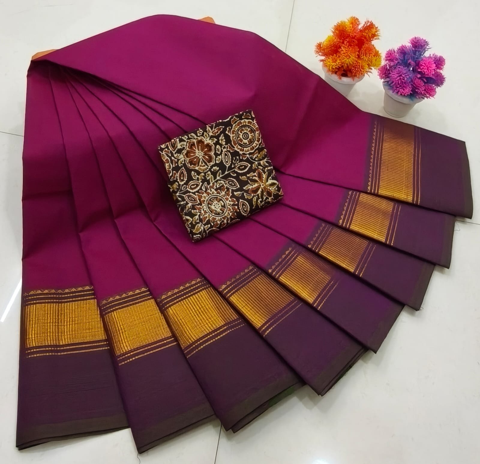 Chettinad Royal Heritage: Pure Cotton Plain Saree with Signature Kalamkari Blouse