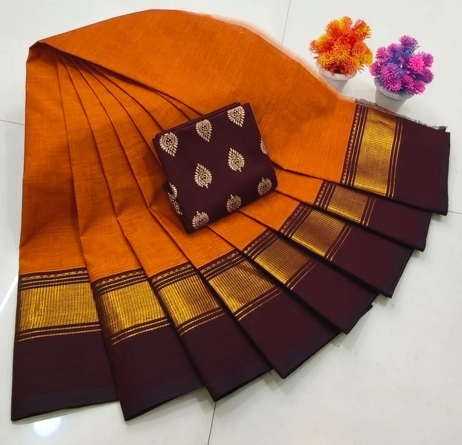 Chettinad Royal Heritage: Pure Cotton Plain Saree with Signature Kalamkari Blouse