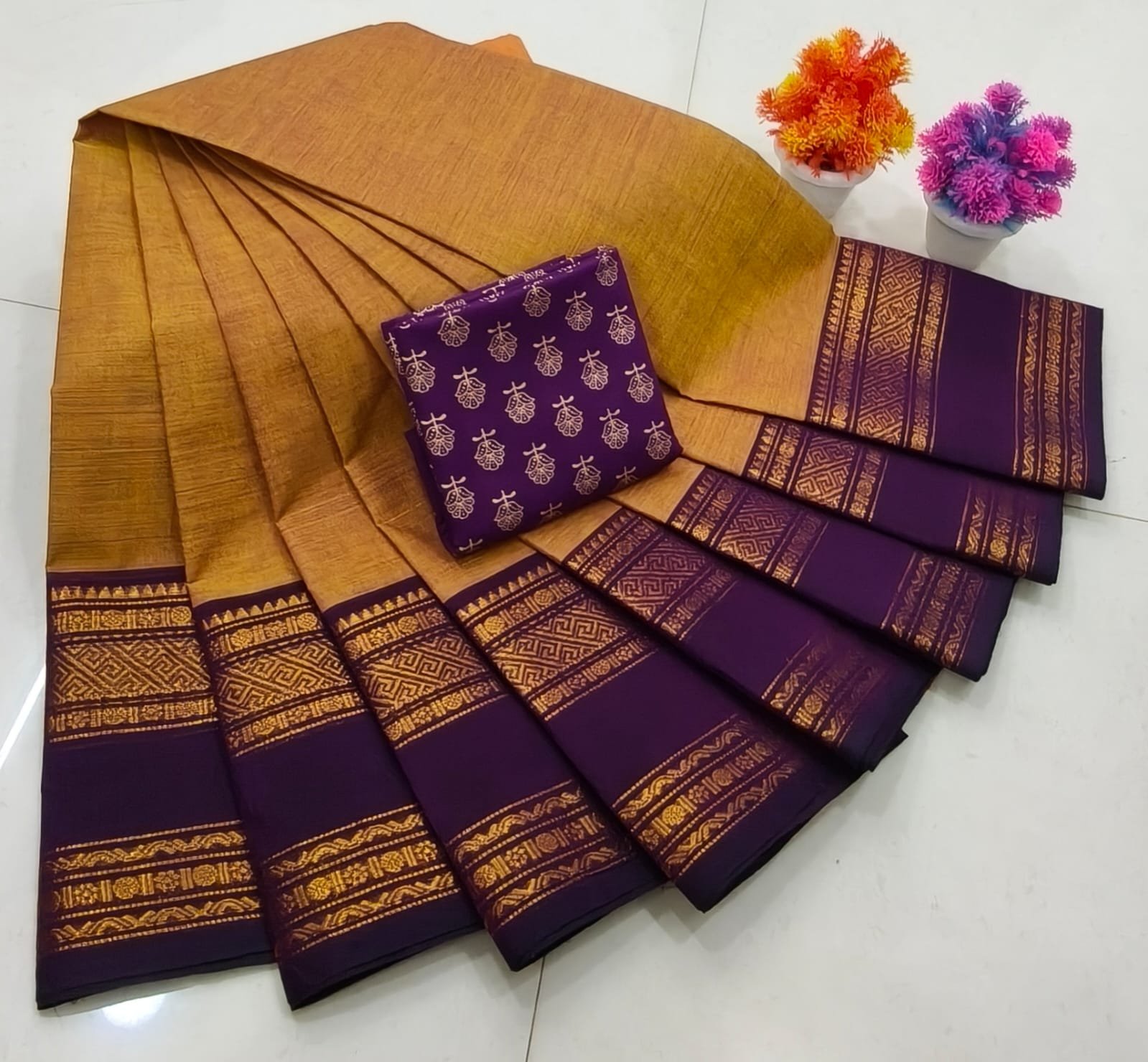 Chettinad Royal Heritage: Pure Cotton Plain Saree with Signature Kalamkari Blouse