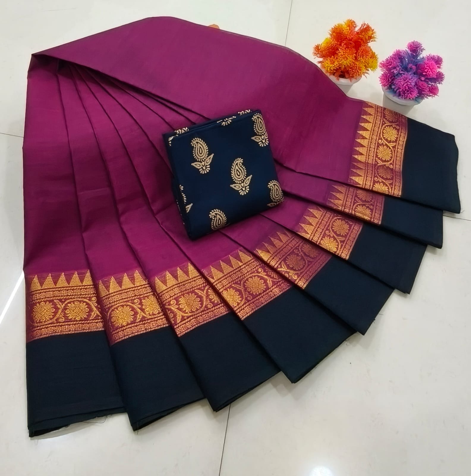 Chettinad Royal Heritage: Pure Cotton Plain Saree with Signature Kalamkari Blouse