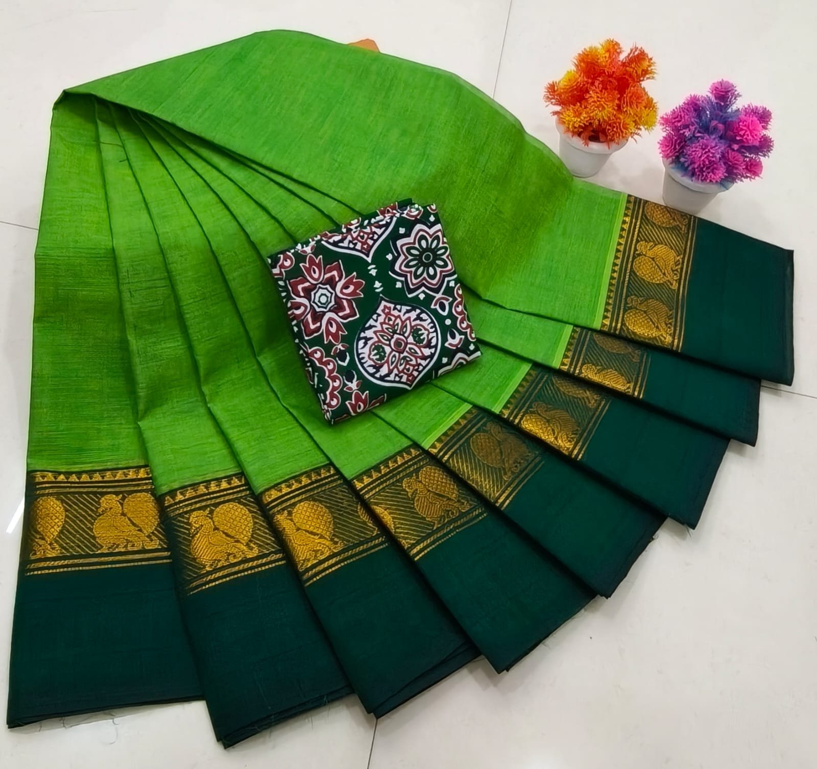 Chettinad Royal Heritage: Pure Cotton Plain Saree with Signature Kalamkari Blouse