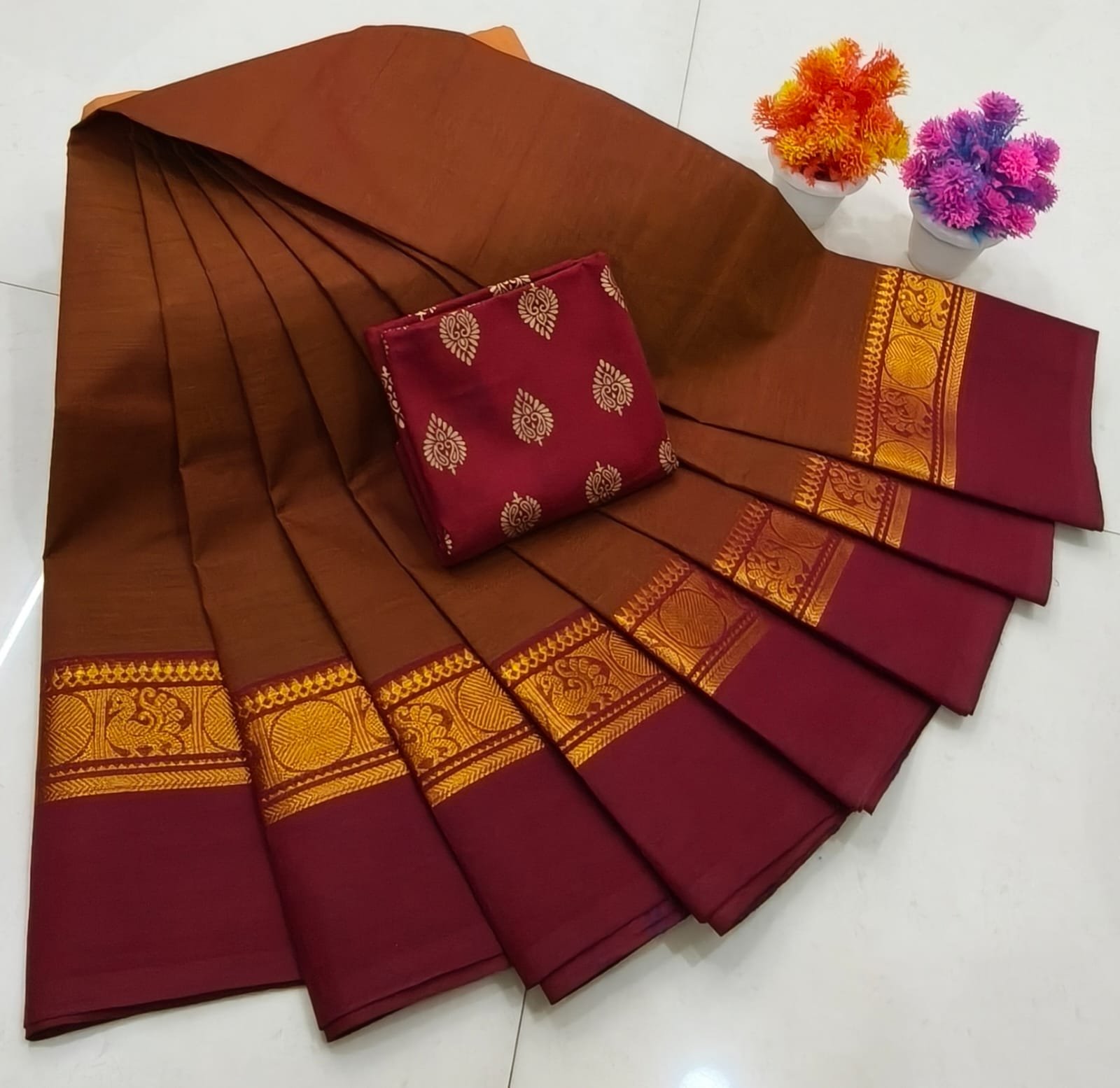 Chettinad Royal Heritage: Pure Cotton Plain Saree with Signature Kalamkari Blouse