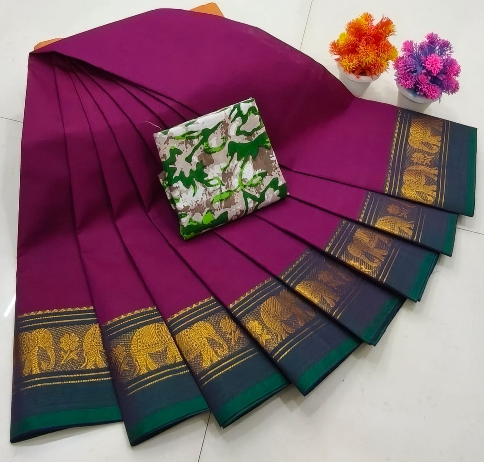 Chettinad Royal Heritage: Pure Cotton Plain Saree with Signature Kalamkari Blouse