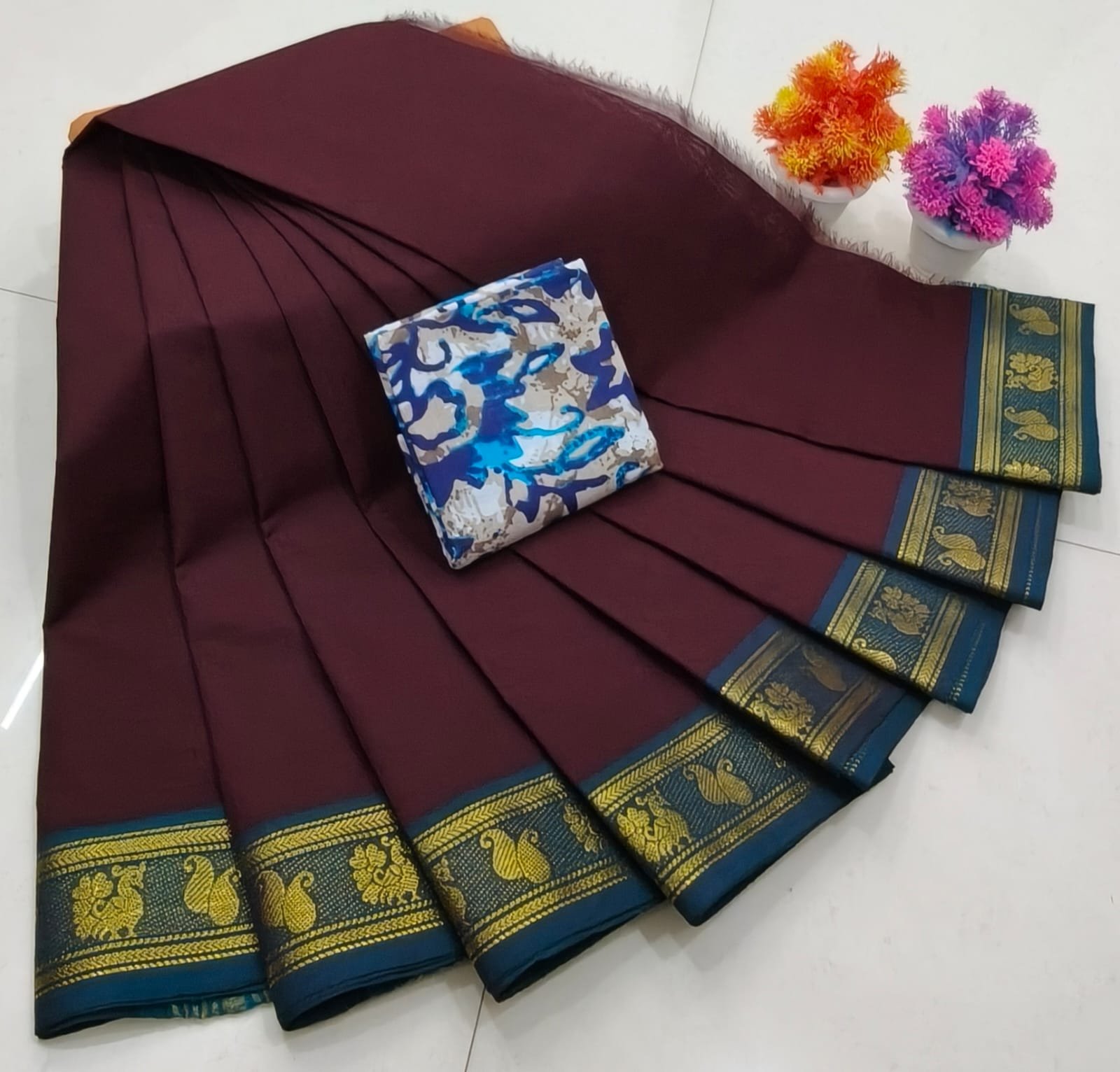Chettinad Royal Heritage: Pure Cotton Plain Saree with Signature Kalamkari Blouse