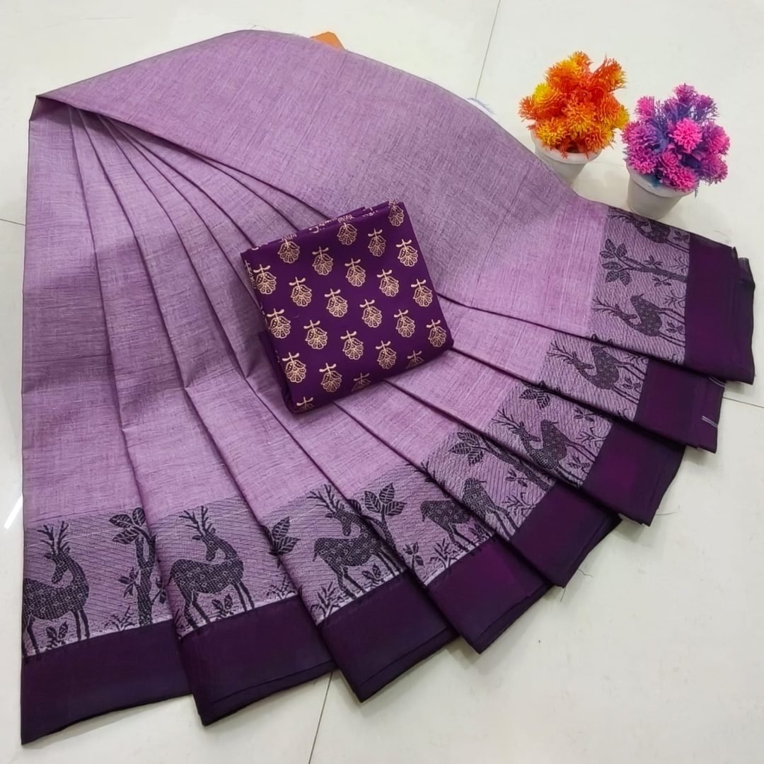 Chettinad Royal Heritage: Pure Cotton Plain Saree with Signature Kalamkari Blouse