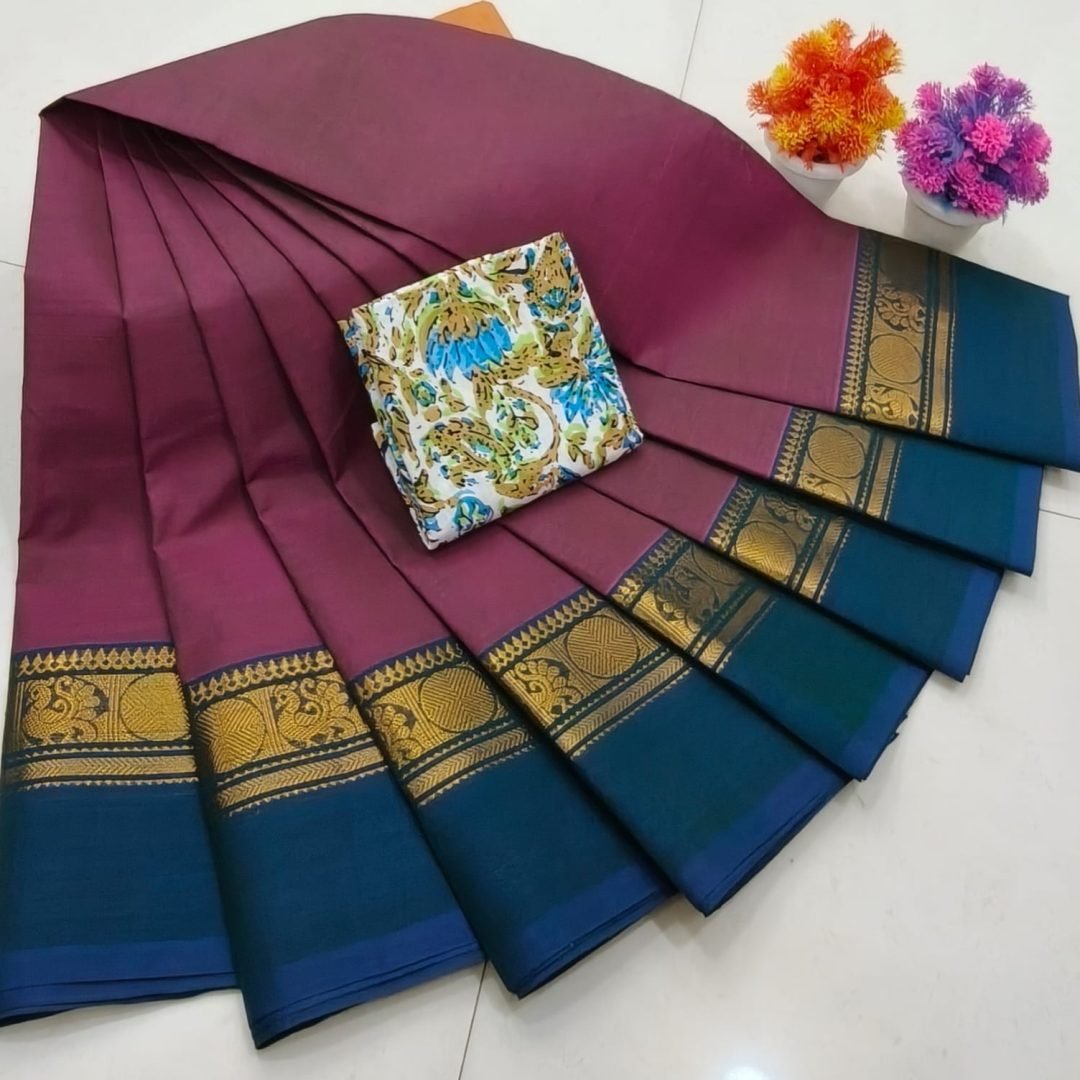 Chettinad Royal Heritage: Pure Cotton Plain Saree with Signature Kalamkari Blouse