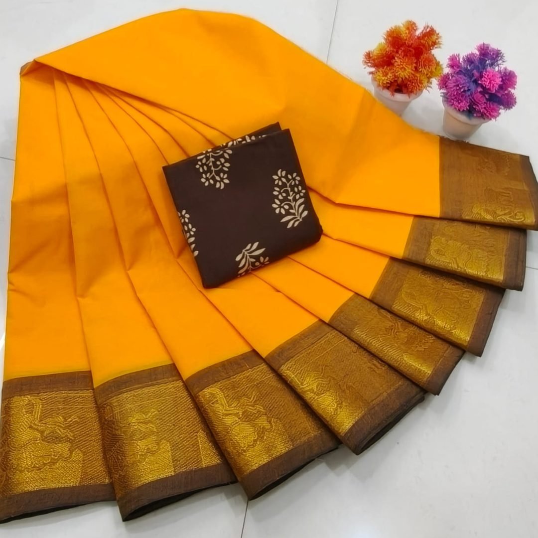 Chettinad Royal Heritage: Pure Cotton Plain Saree with Signature Kalamkari Blouse