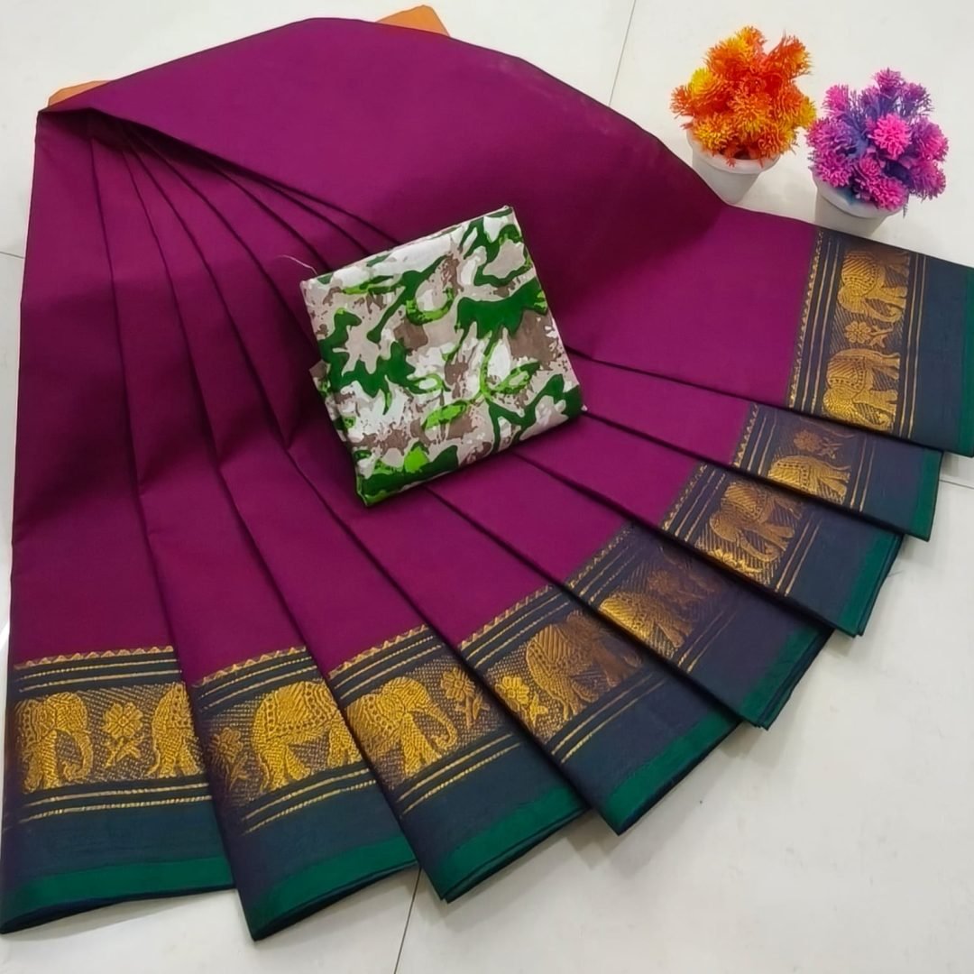 Chettinad Royal Heritage: Pure Cotton Plain Saree with Signature Kalamkari Blouse