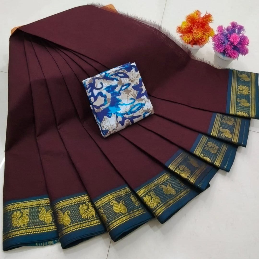 Chettinad Royal Heritage: Pure Cotton Plain Saree with Signature Kalamkari Blouse
